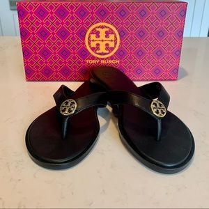 Tory Burch Benton Leather Sandal in perfect black with gold logo. Like new!